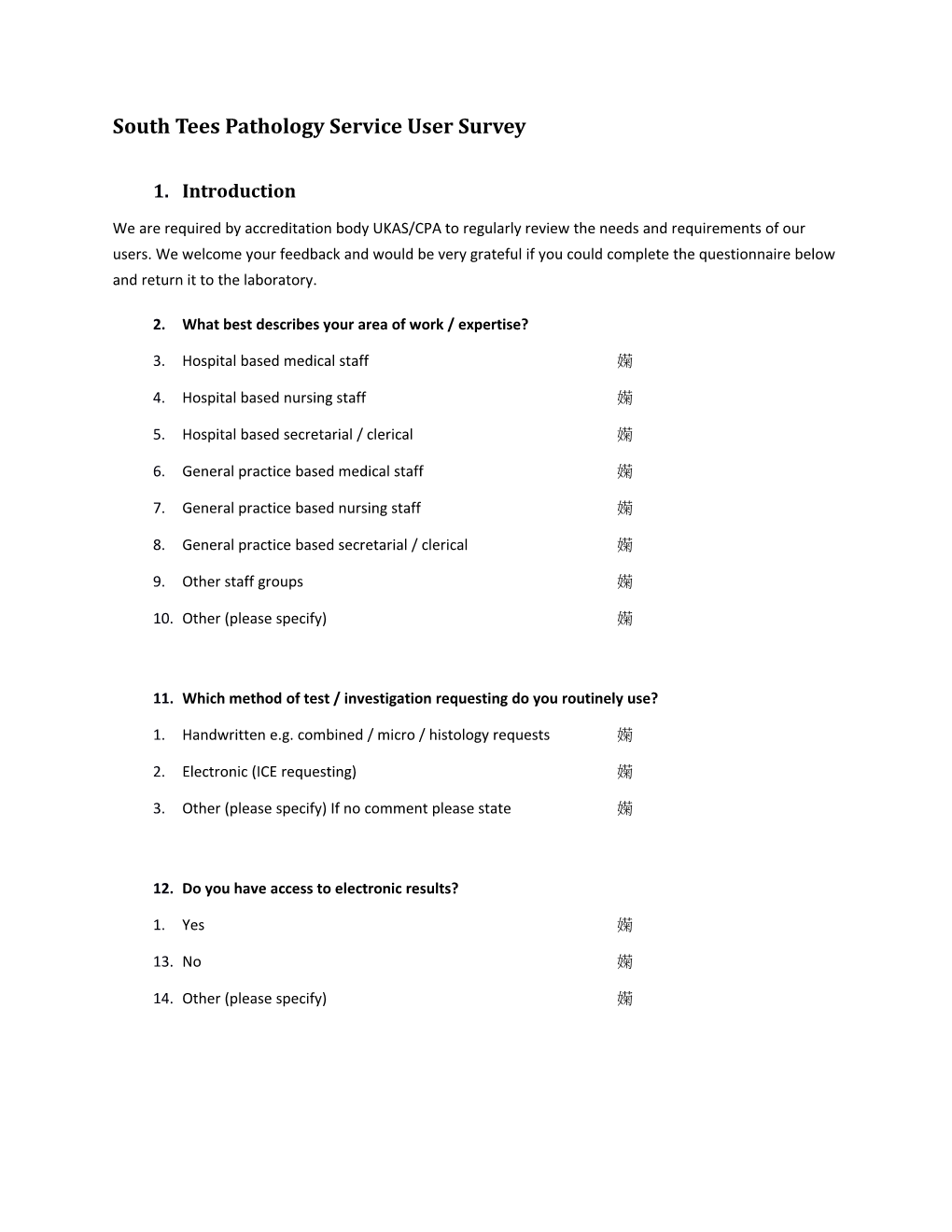 South Tees Pathology Service User Survey