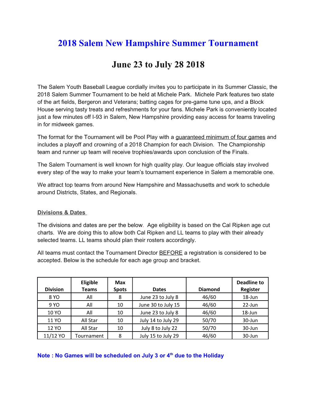 2018Salem New Hampshire Summer Tournament