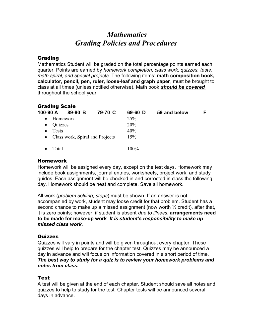 Grading Policies and Procedures for Eighth Grade Mathematics