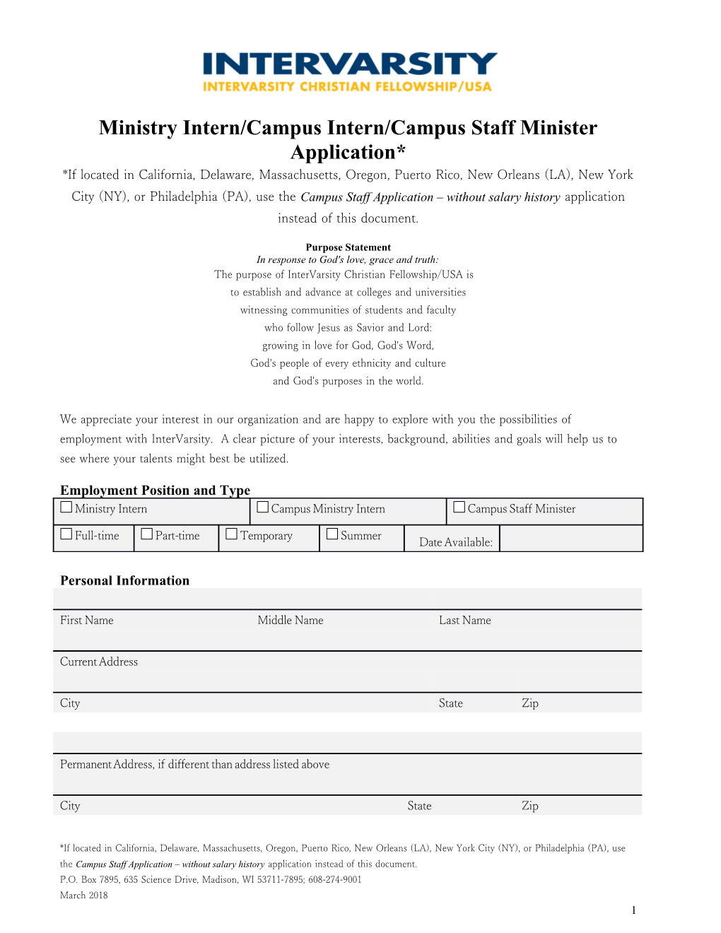 Ministry Intern/Campus Intern/Campus Staff Minister Application*
