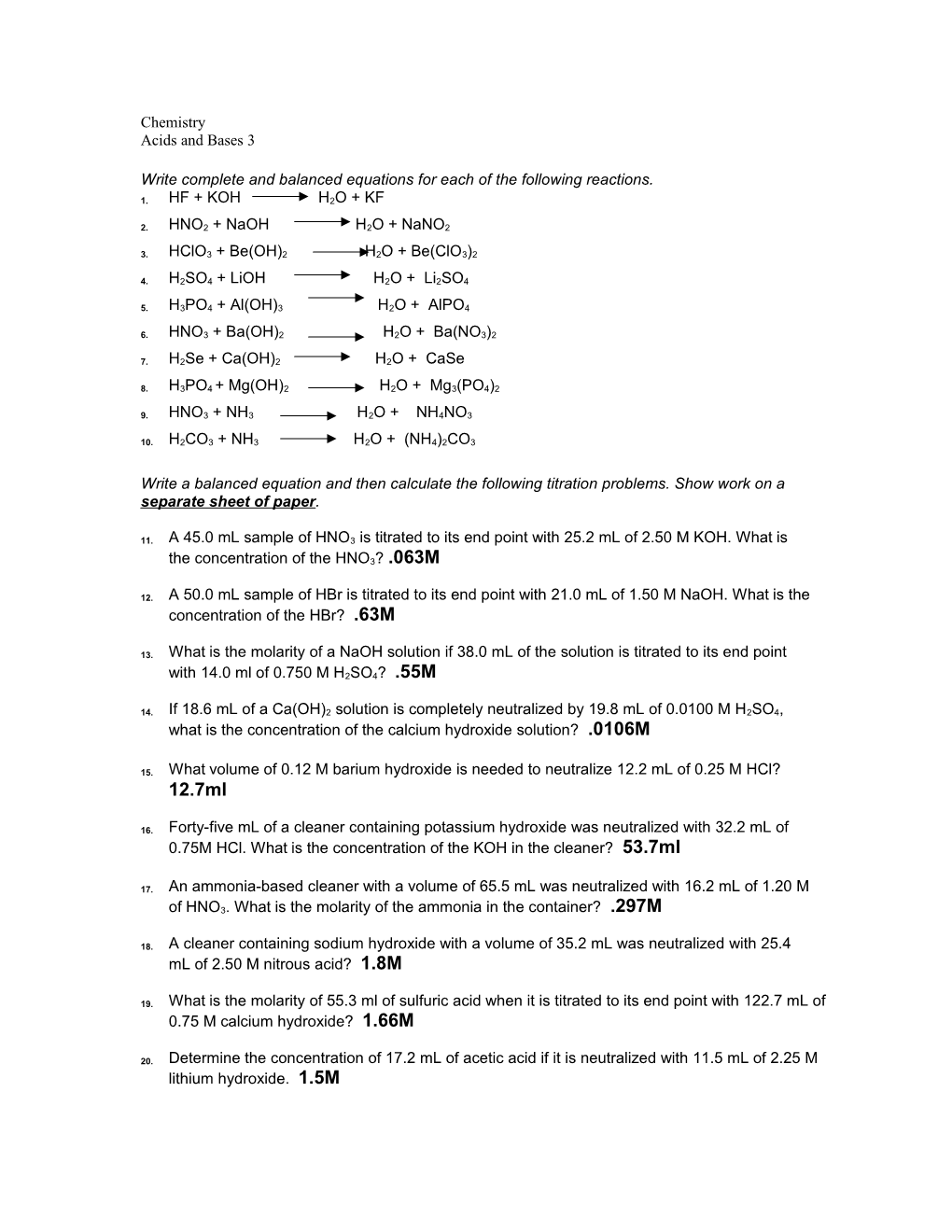 Write Complete and Balanced Equations for Each of the Following Reactions