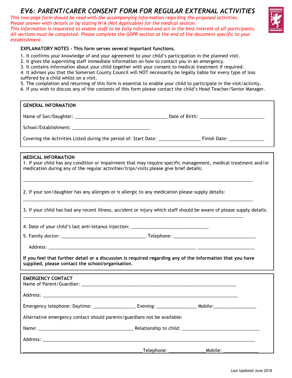 Ev5: Parent/Carer Consent Form for an External Visit