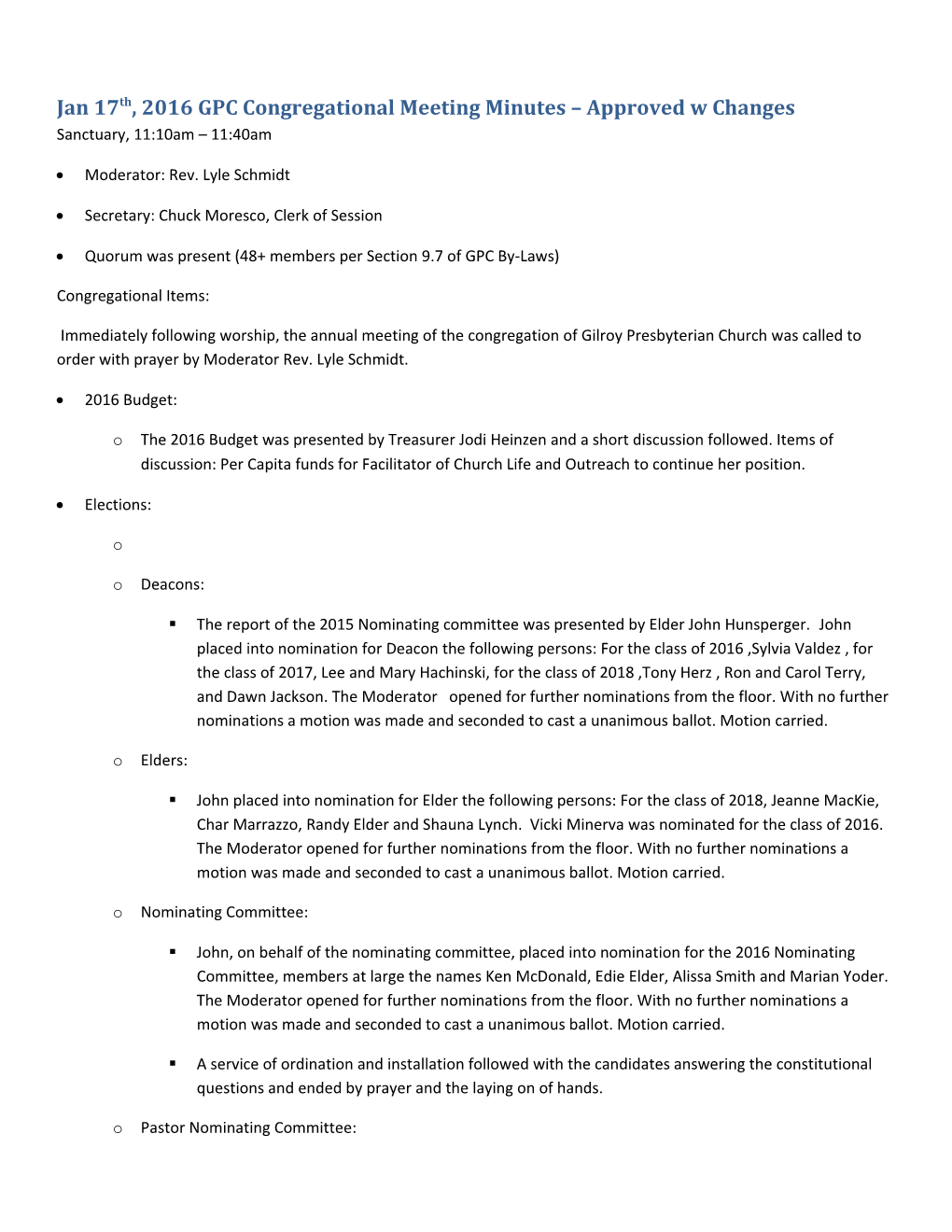 Jan 17Th, 2016 GPC Congregational Meeting Minutes Approved W Changes