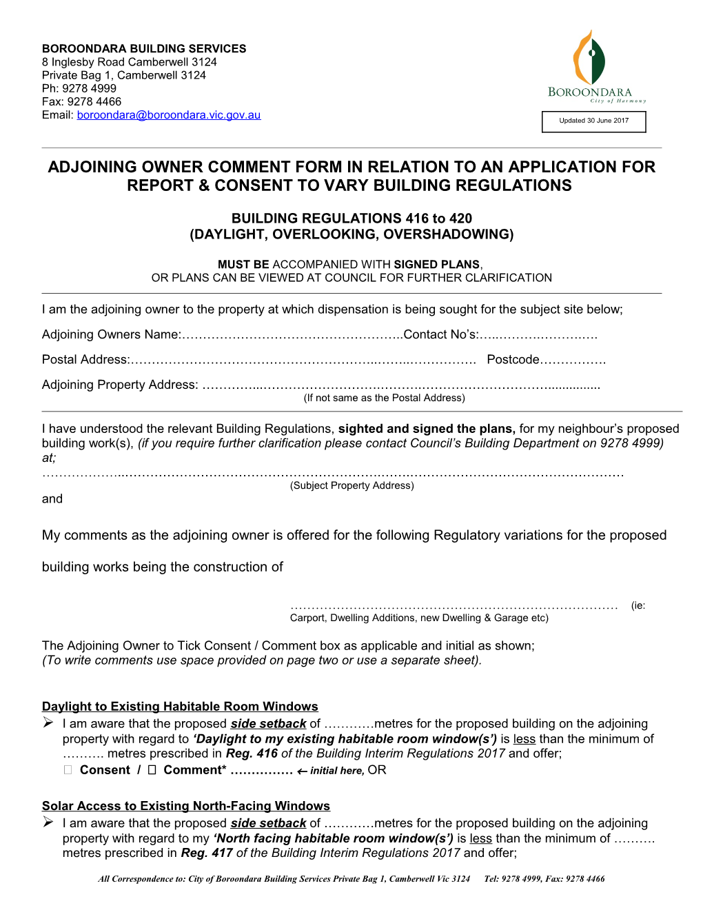 Report and Consent Adjoining Owner Comment Form - Regs 416-420