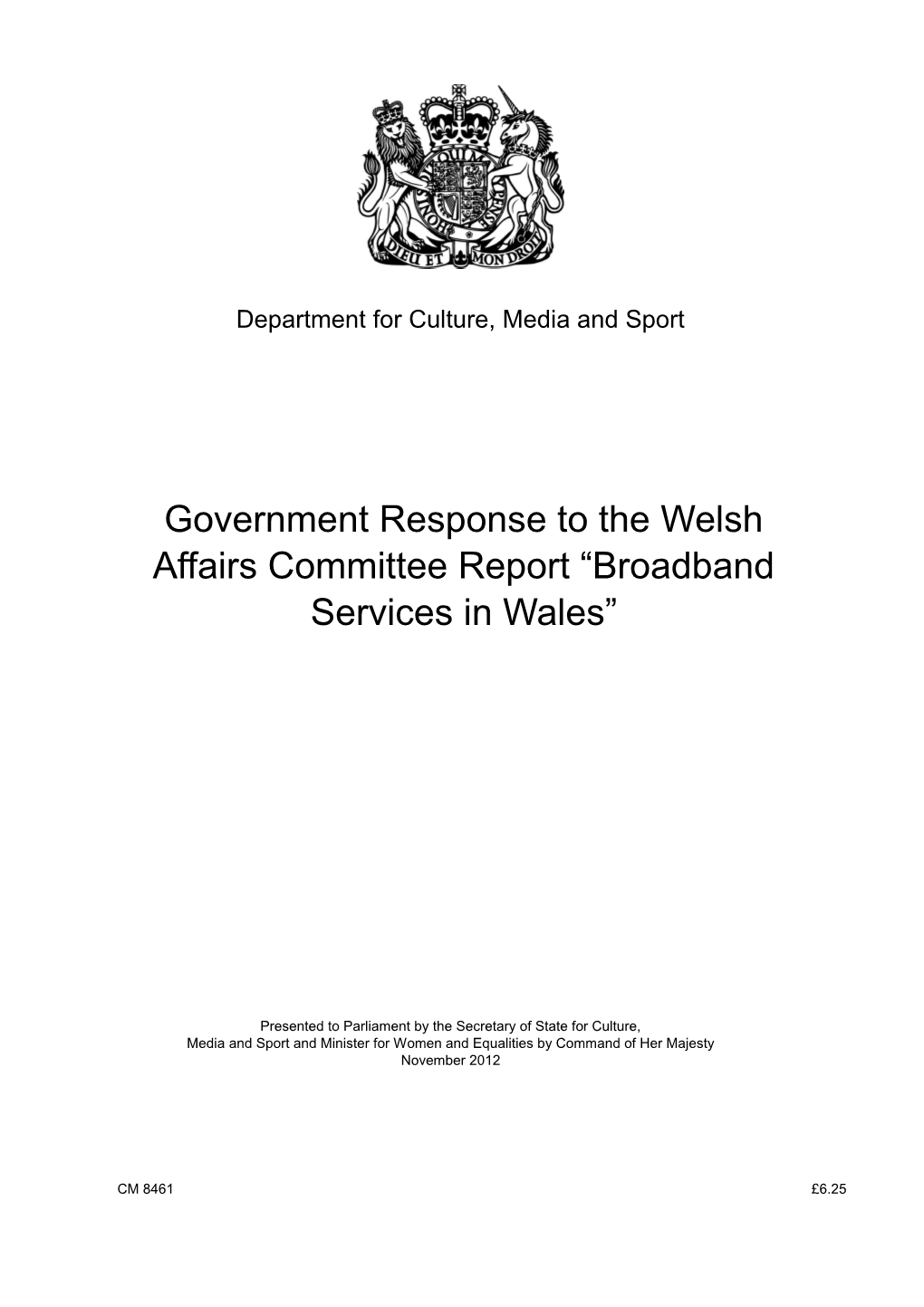 Government Response to the Welsh Affairs Committee Report Broadband Services in Wales