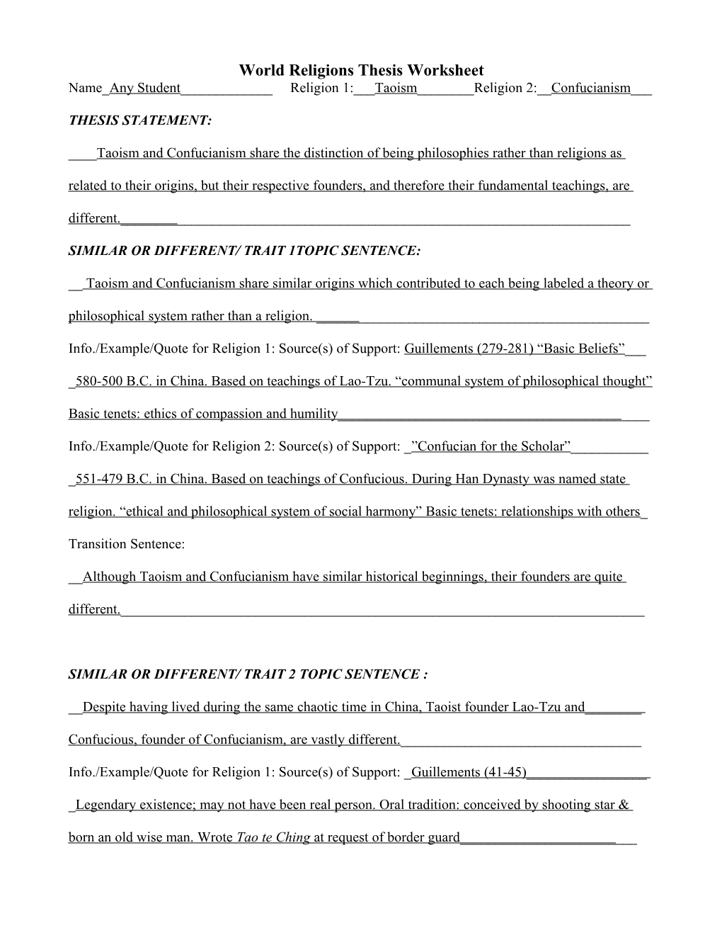 World Religions Thesis Worksheet