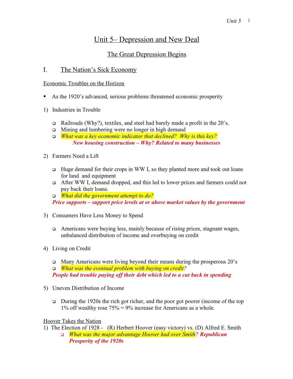 Unit 5 Depression and New Deal