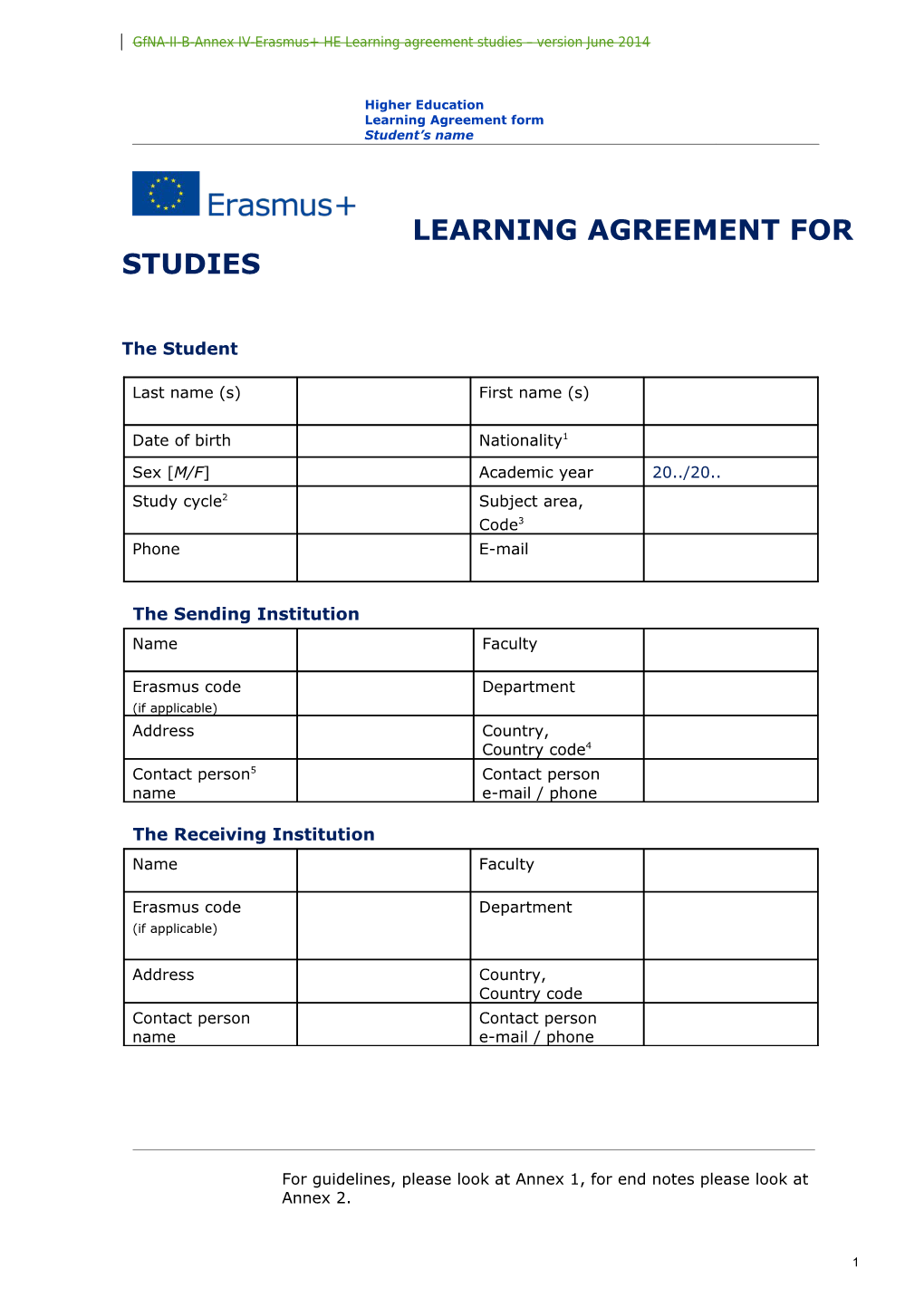 Gfna-II-B-Annex IV-Erasmus+ HE Learning Agreement Studies Version June 2014