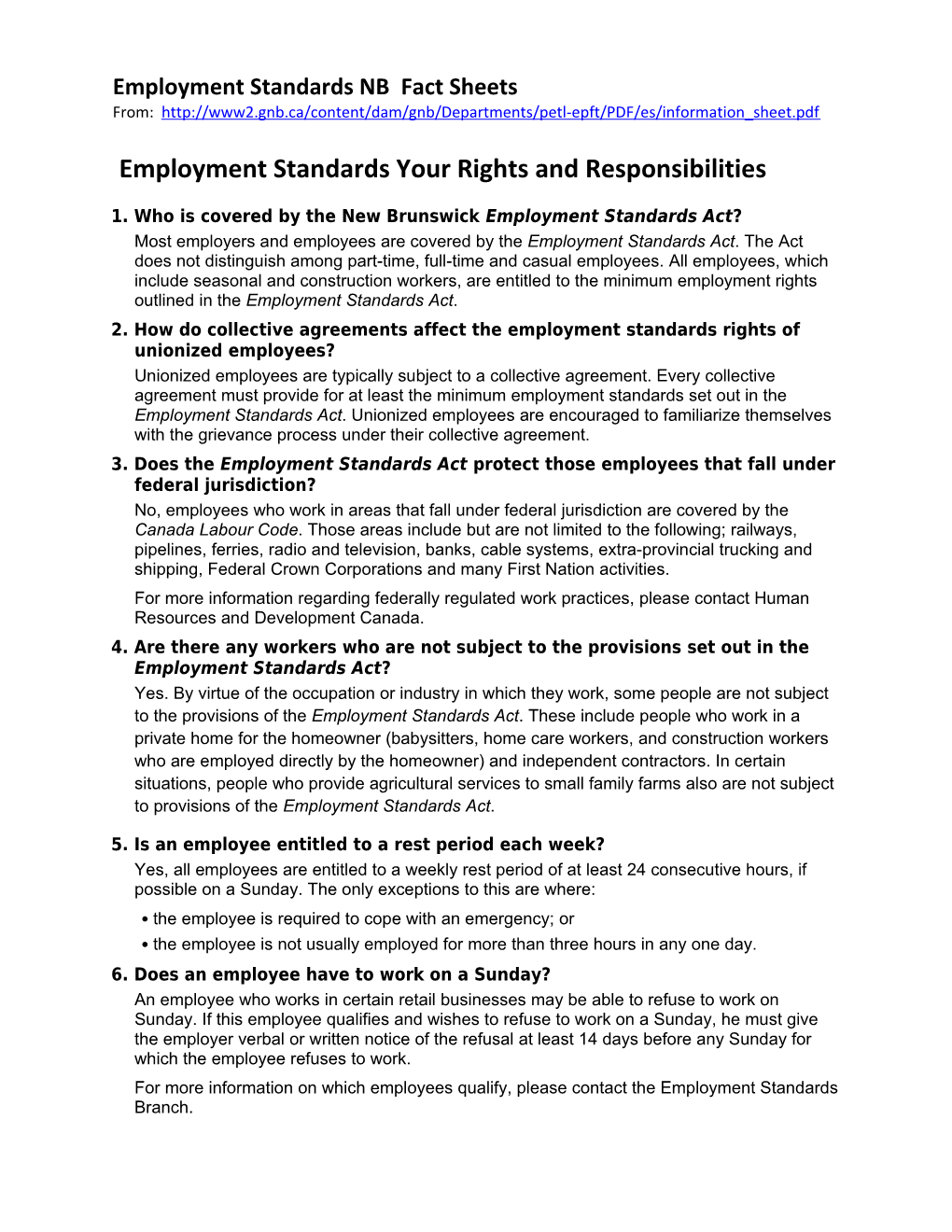 Employment Standards NB Fact Sheets