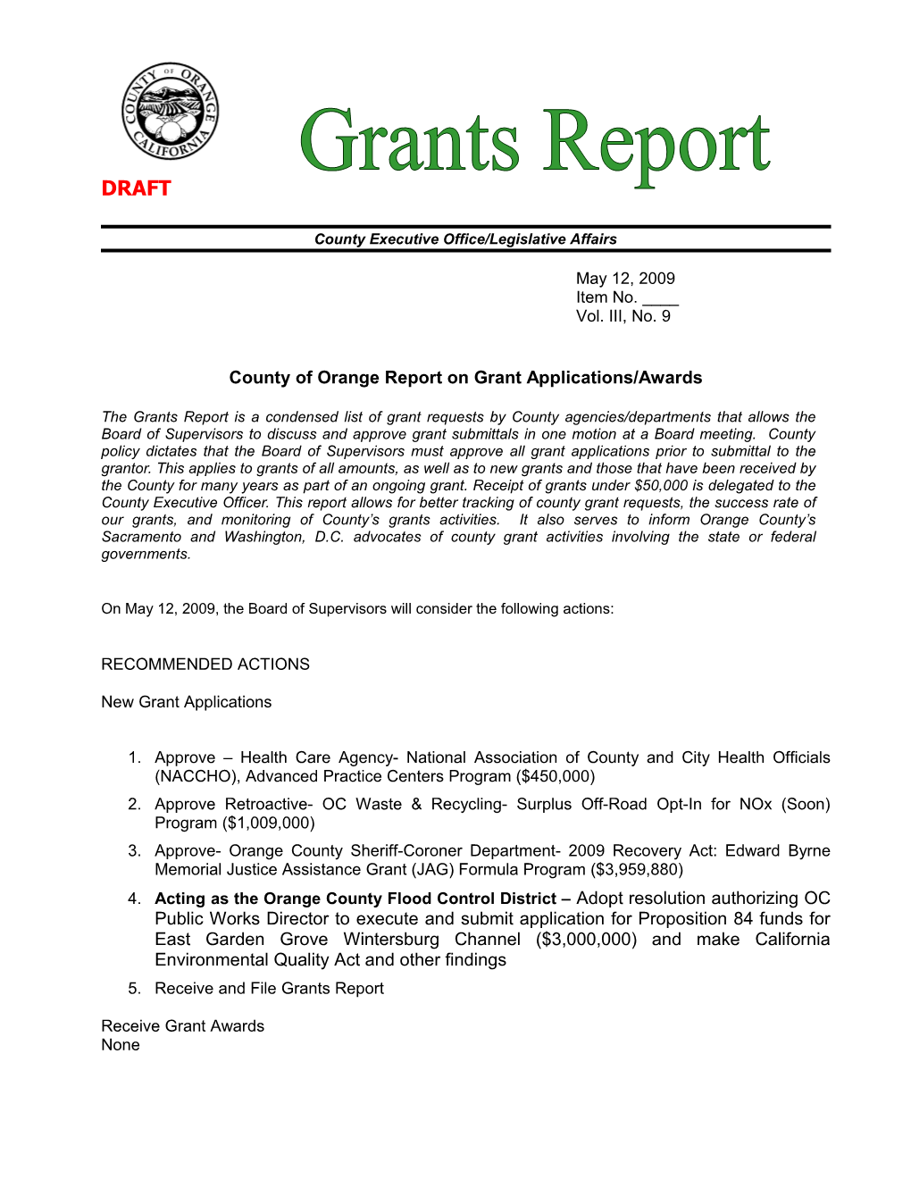 County of Orange Report on Grant Applications/Awards