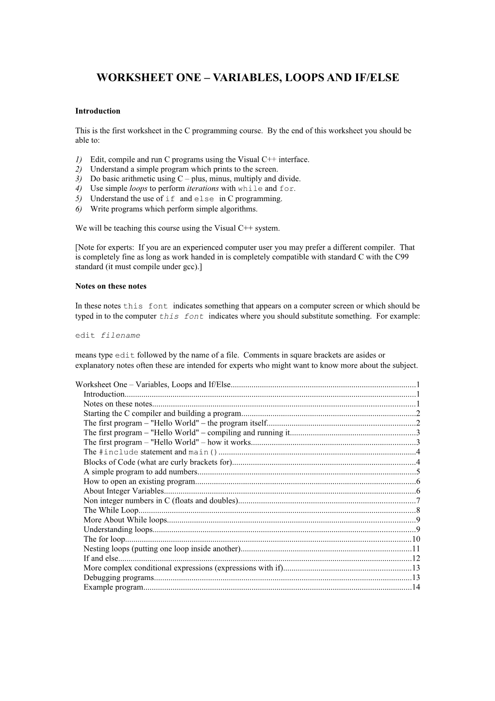 C Programming Course Worksheet One s2