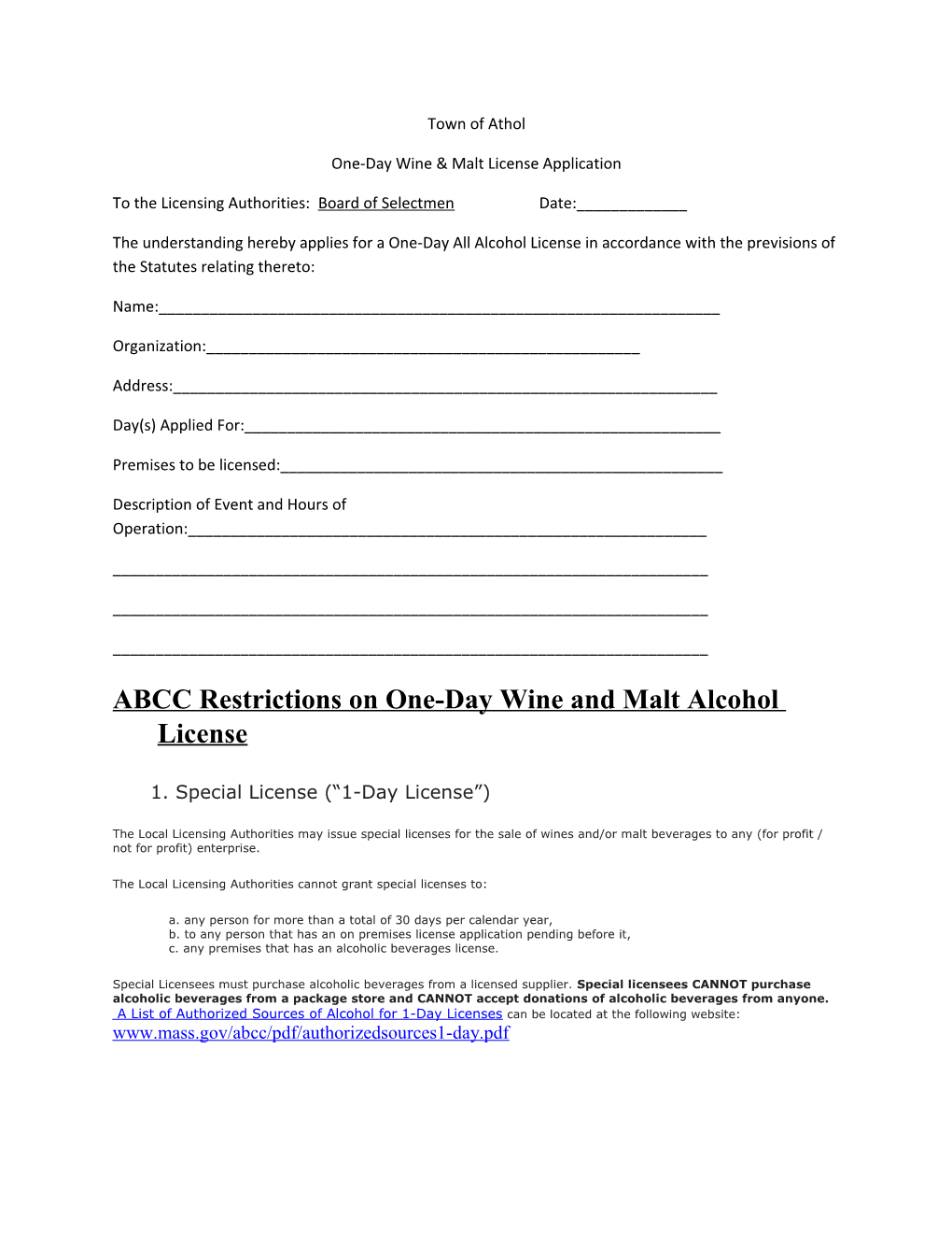 One-Day Wine & Malt License Application