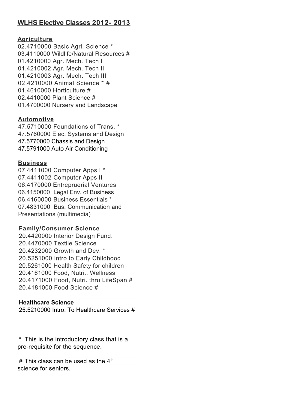 WLHS Elective Classes 2009-2010