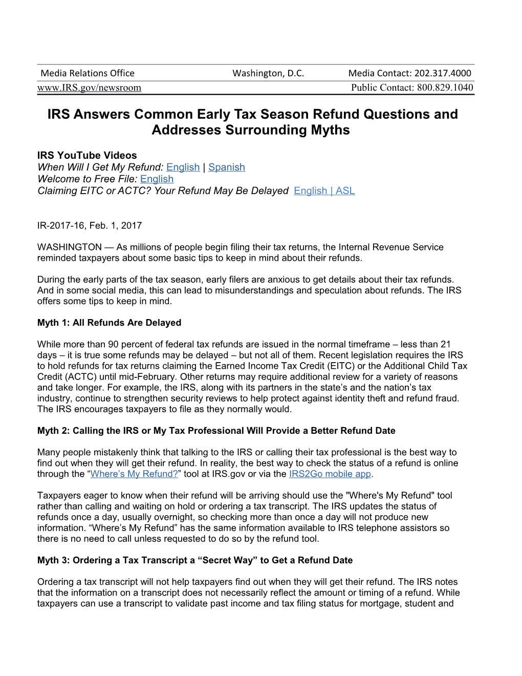 IRS Answers Common Early Tax Season Refund Questions and Addresses Surrounding Myths