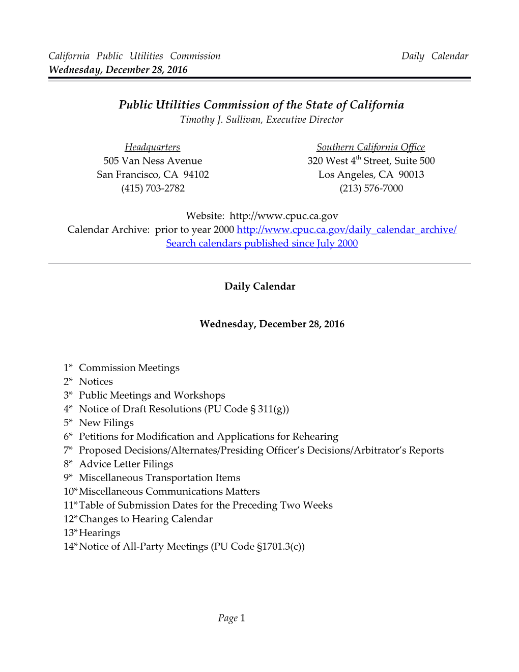 California Public Utilities Commission Daily Calendar Wednesday, December 28, 2016