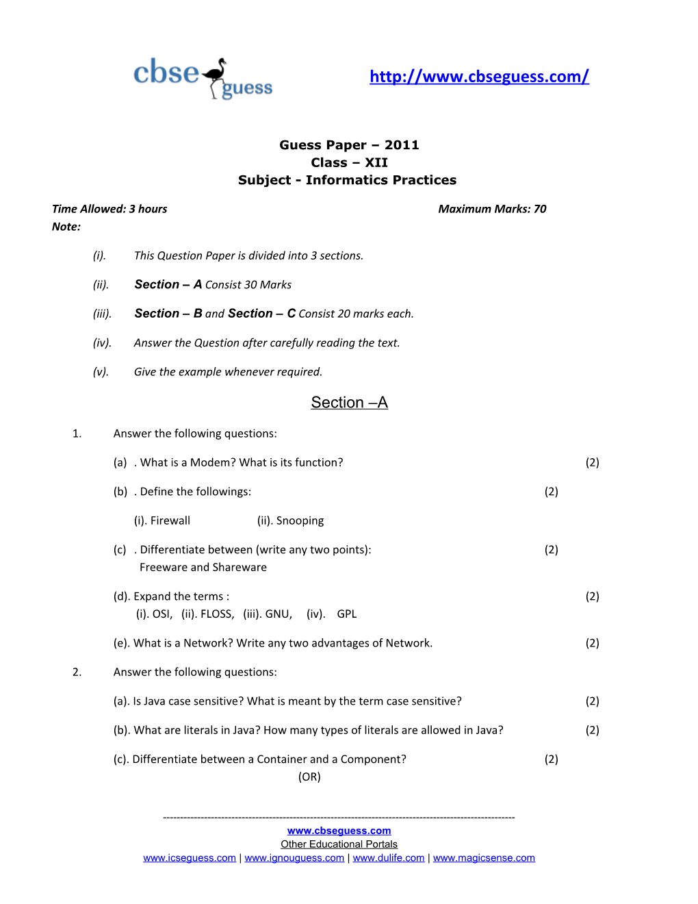 Guess Paper 2011 Class XII Subject - Informatics Practices