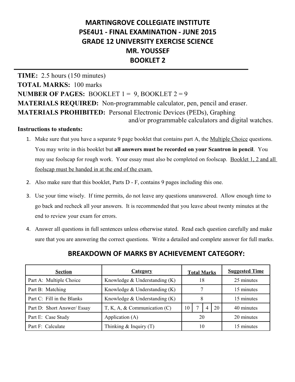 Grade 12 University Exercise Science