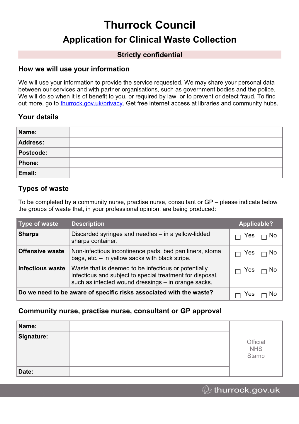 Thurrock Council - Clinical Waste Collection Application Form