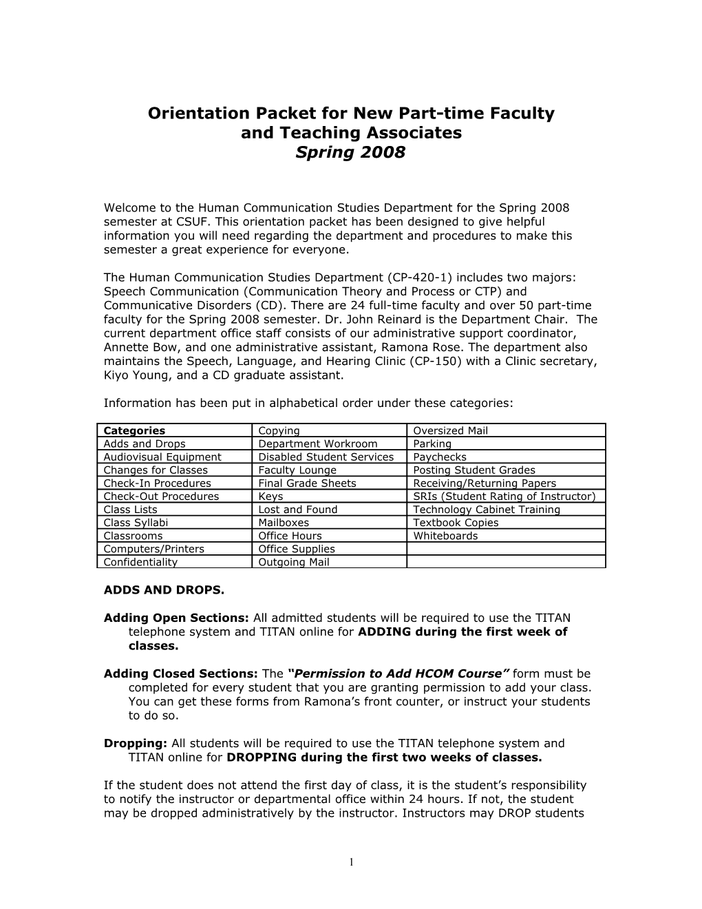 Orientation Packet for New Part-Time Faculty