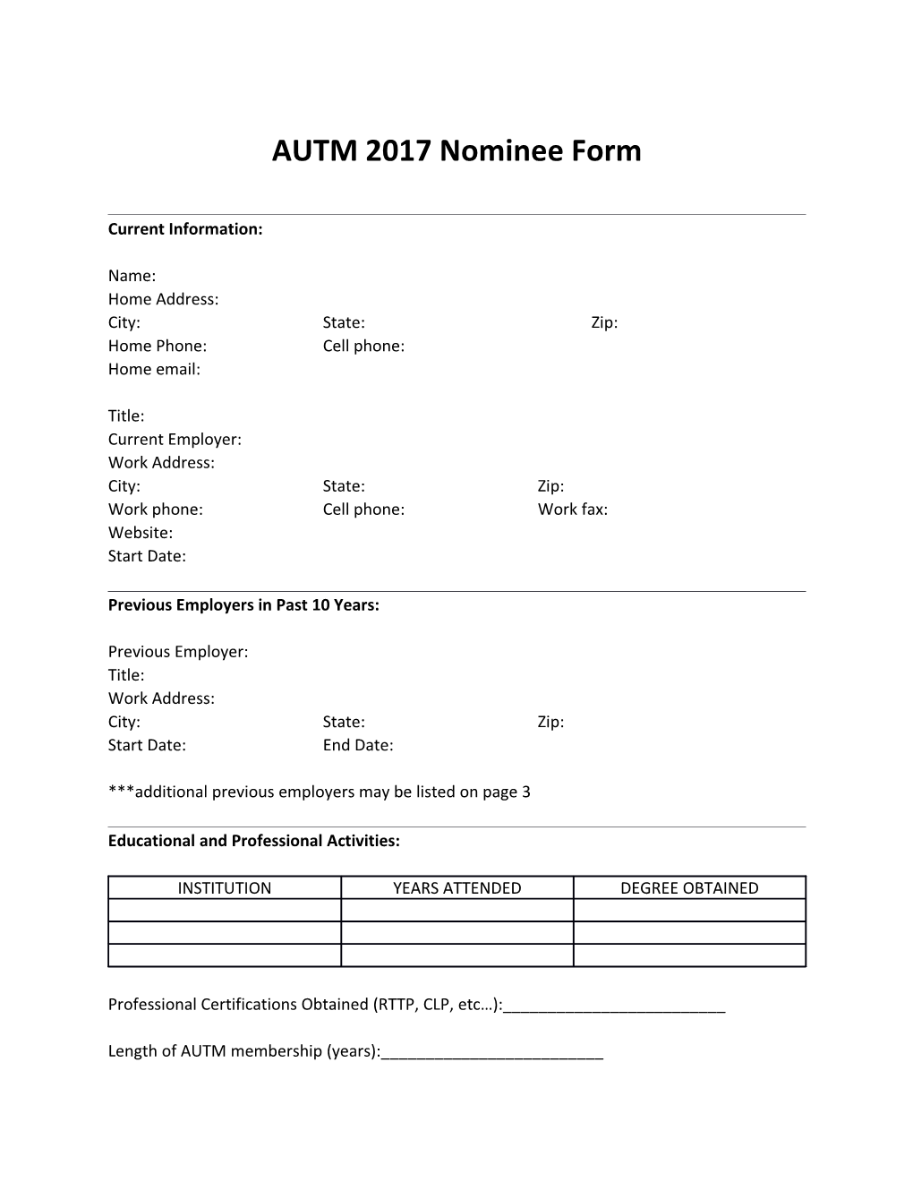 AUTM 2017 Nominee Form