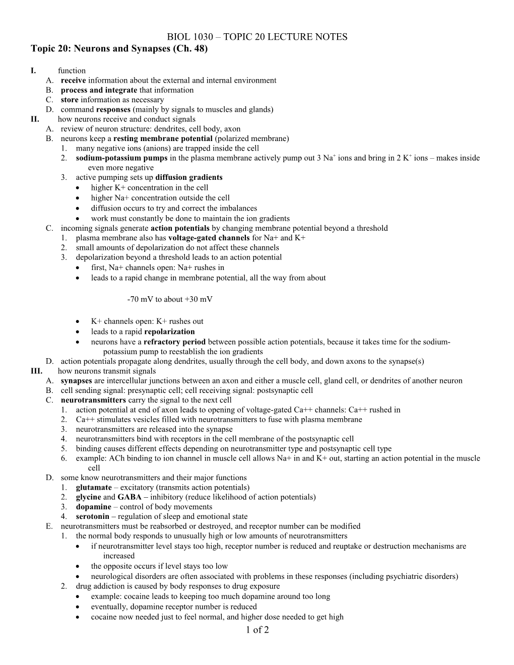 Topic 20: Neurons and Synapses (Ch. 48)