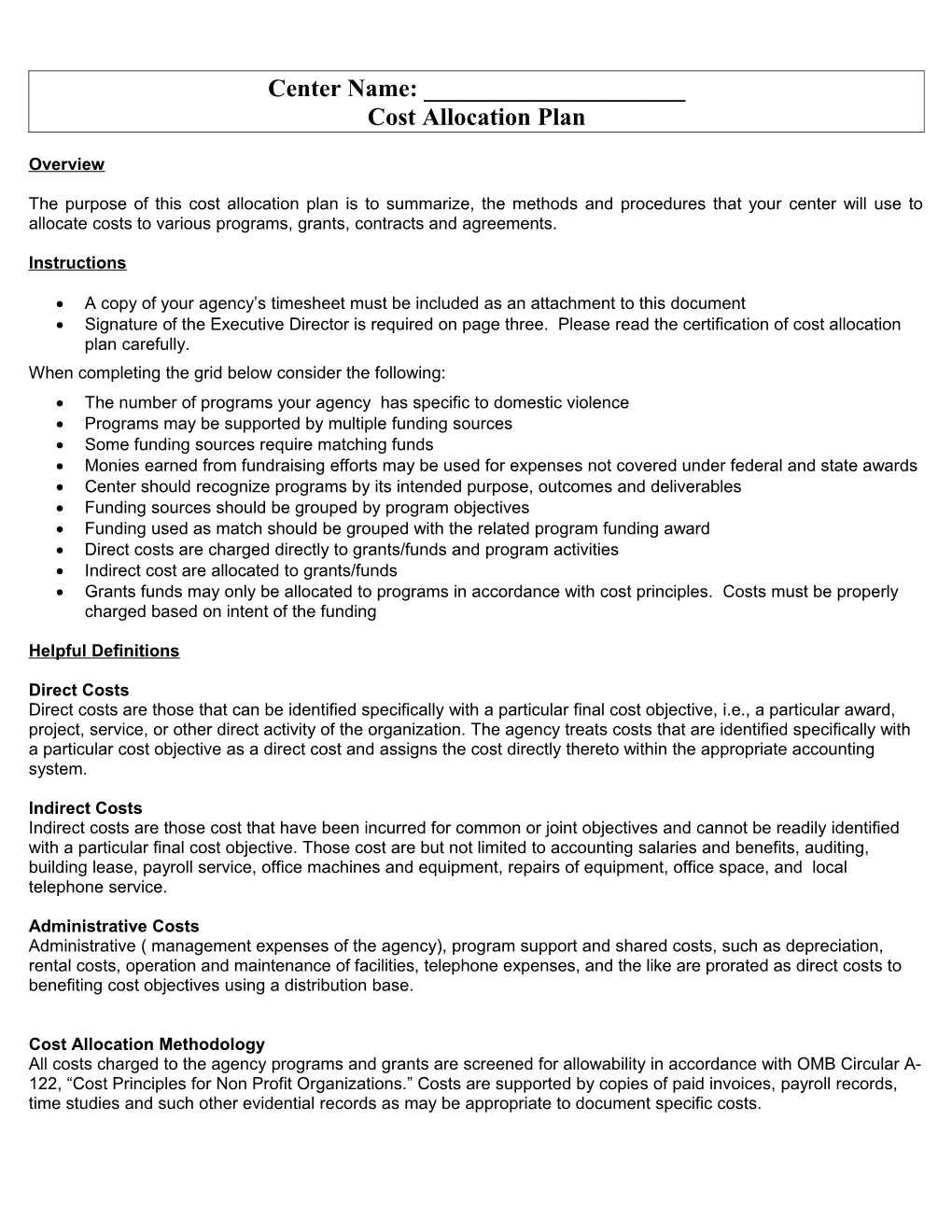 Cost Allocation Plan