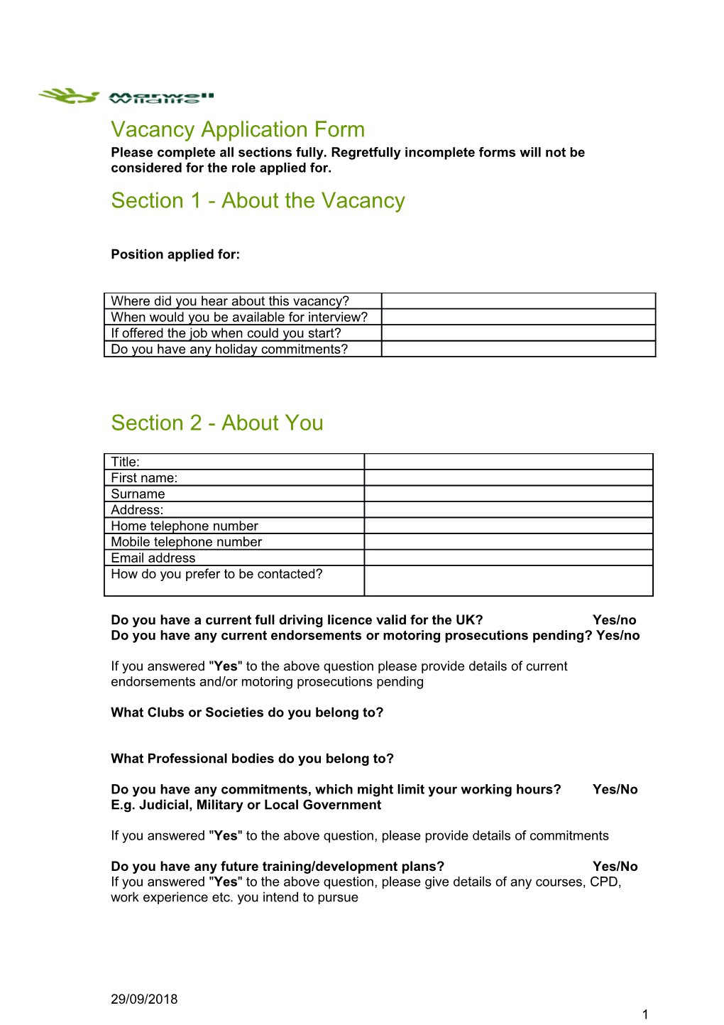 Vacancy Application Form