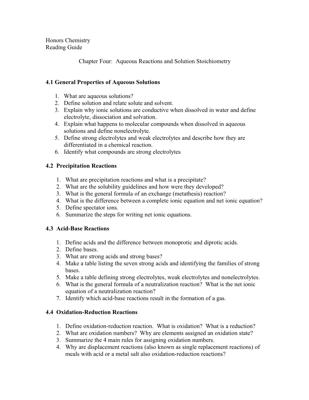 Chapter Four: Aqueous Reactions and Solution Stoichiometry