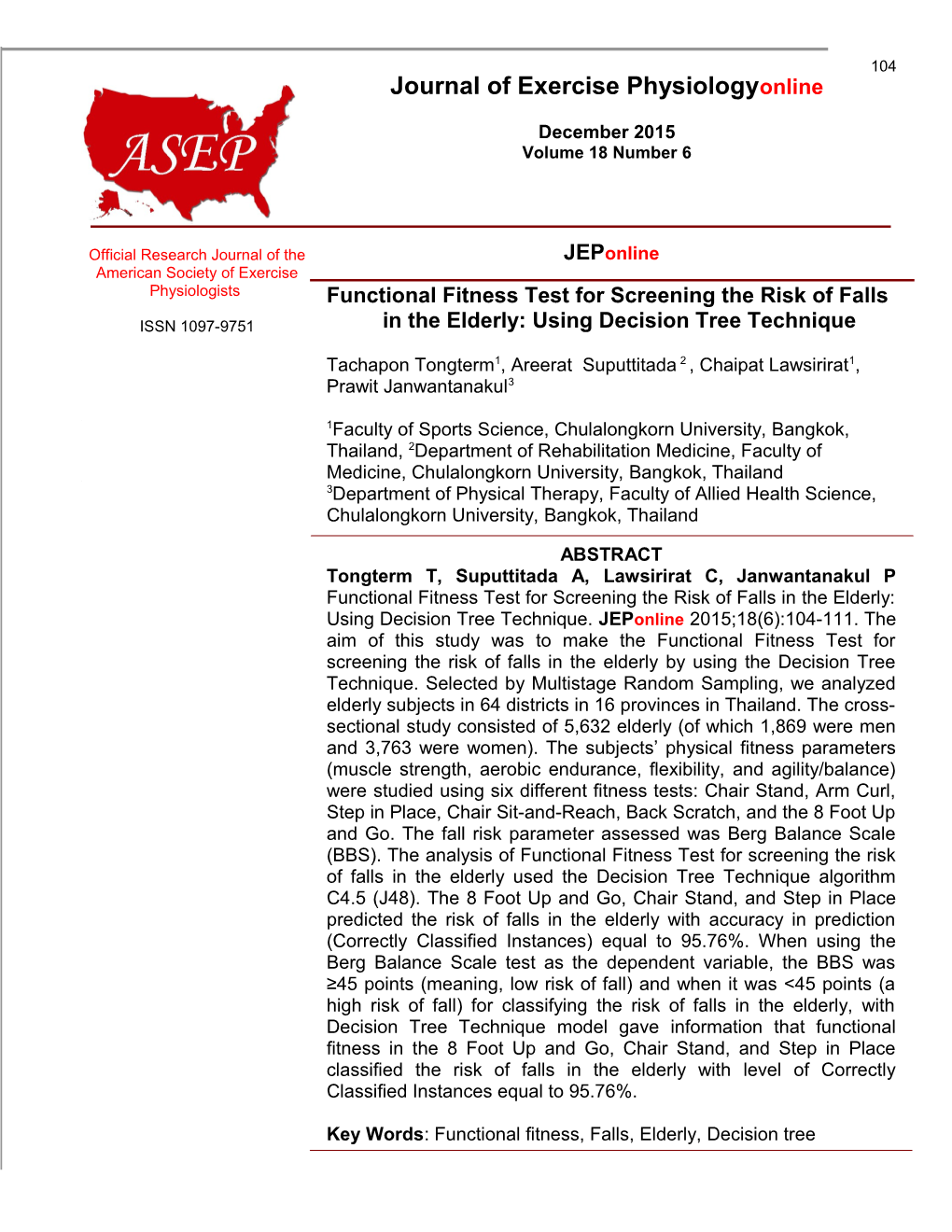 Functional Fitness Test for Screening the Risk of Falls in the Elderly: Using Decision