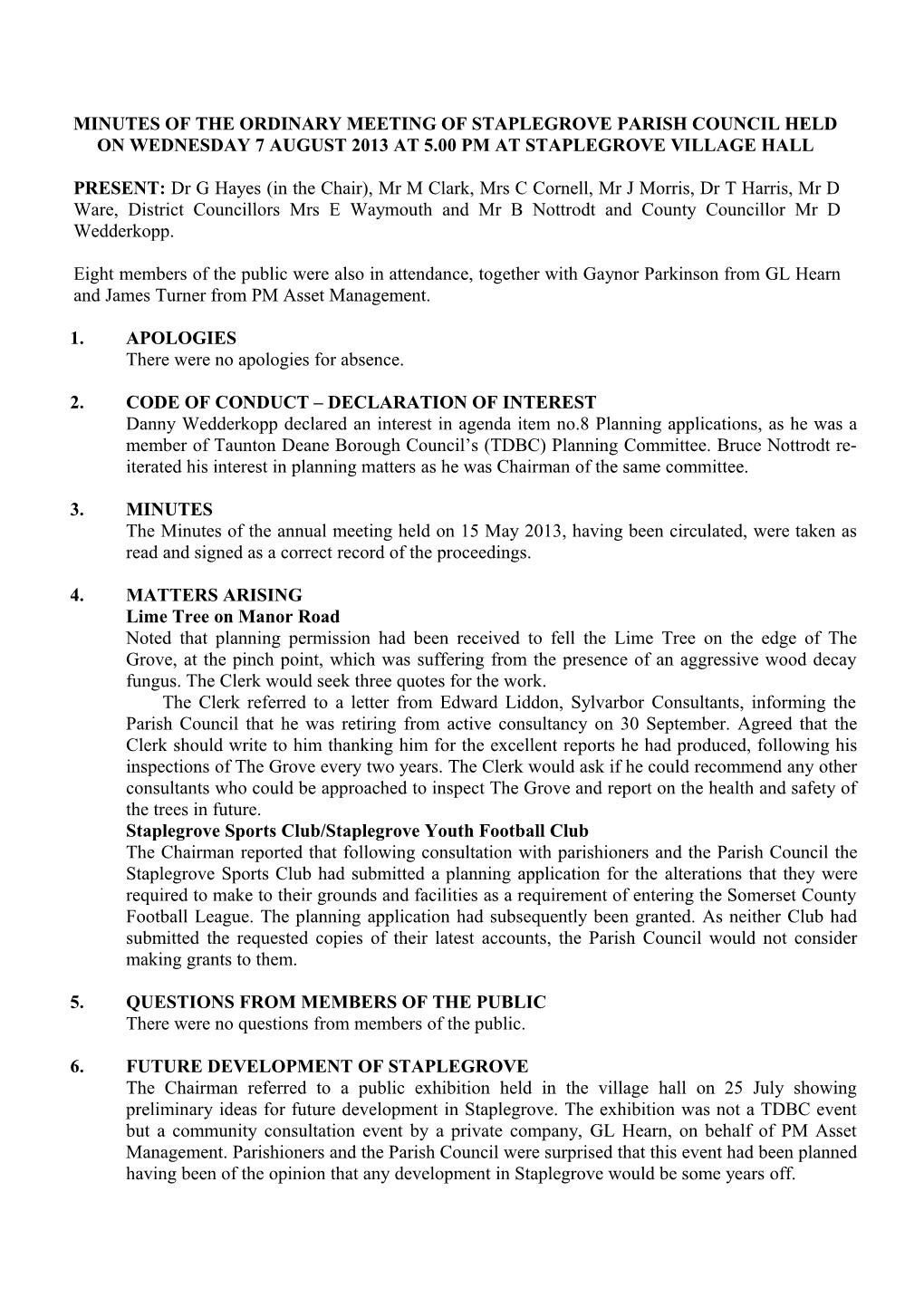 Ordinary Meeting of Staplegrove Parish Council Held on Tuesday 8 November 2005 at 5