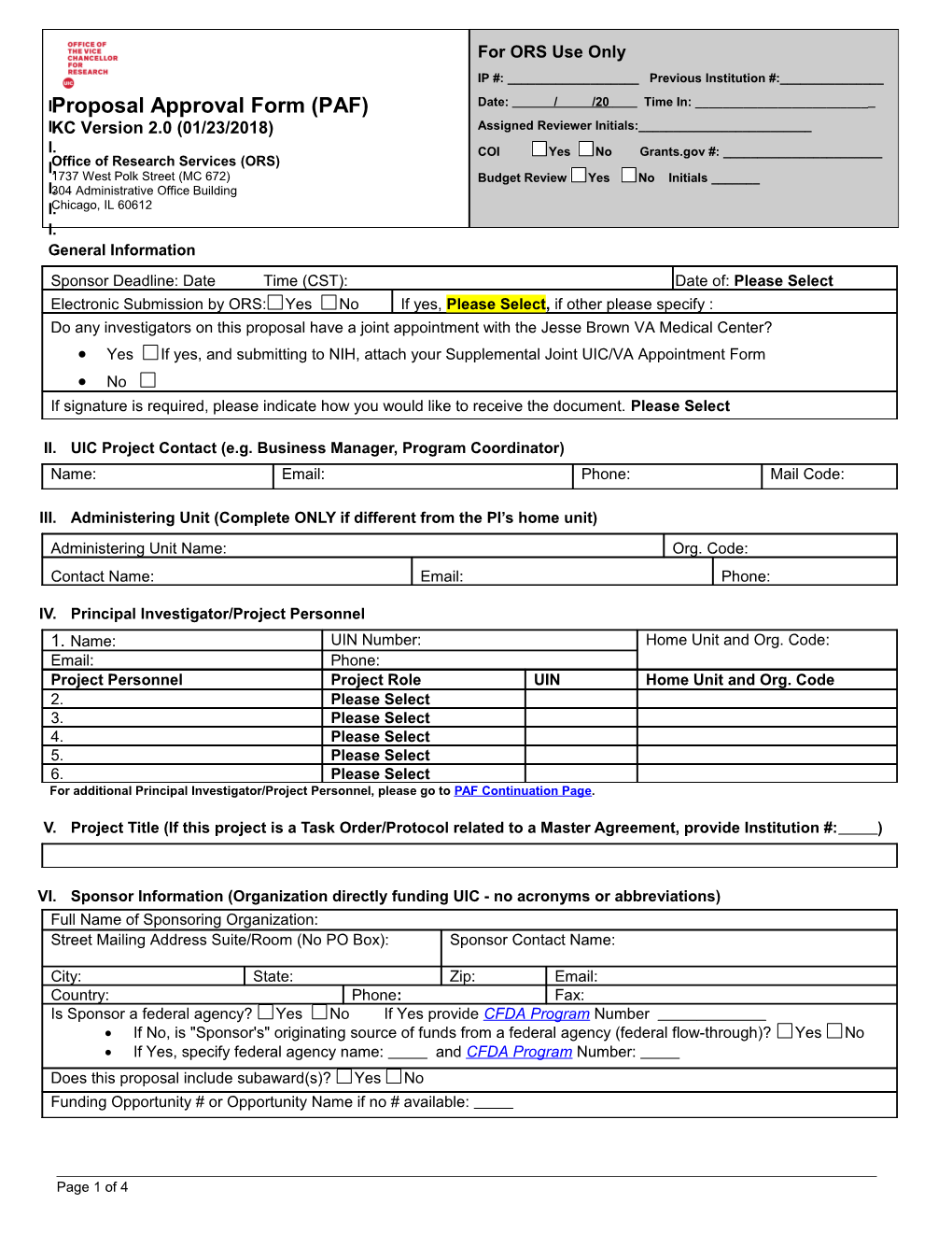 UIC Proposal Approval Form (PAF)/ORS KC Version 2.0 01/23/2018