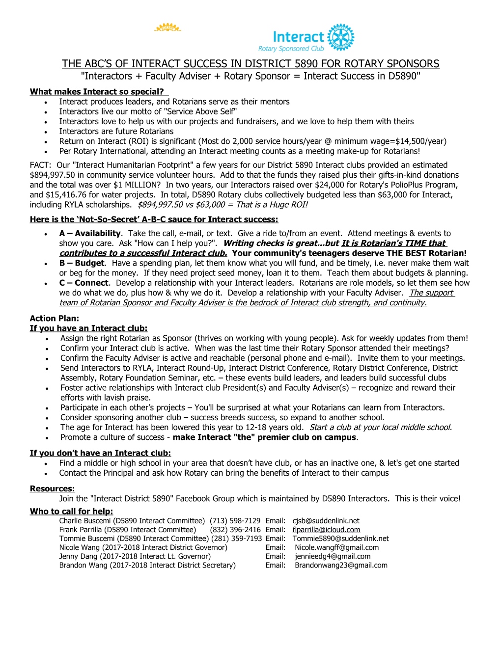 The Abc S of Interact Success in District 5890 for Rotary Sponsors