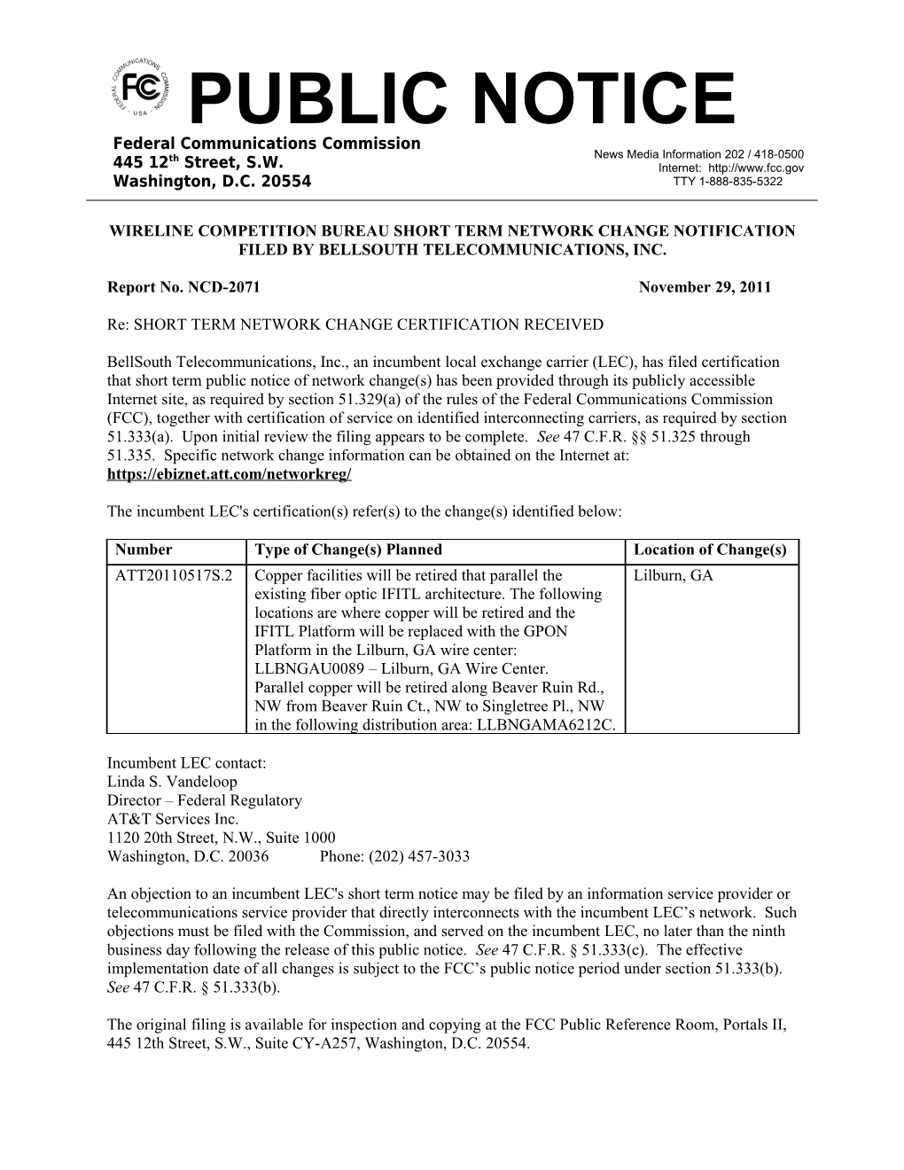 Wireline Competition Bureau Short Term Network Change Notification Filed by Bellsouth