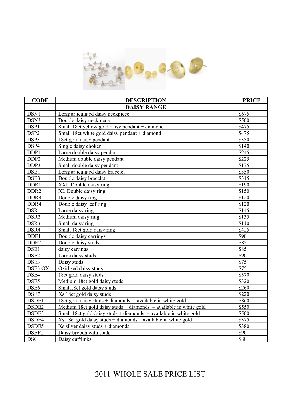 2011 Whole Sale Price List