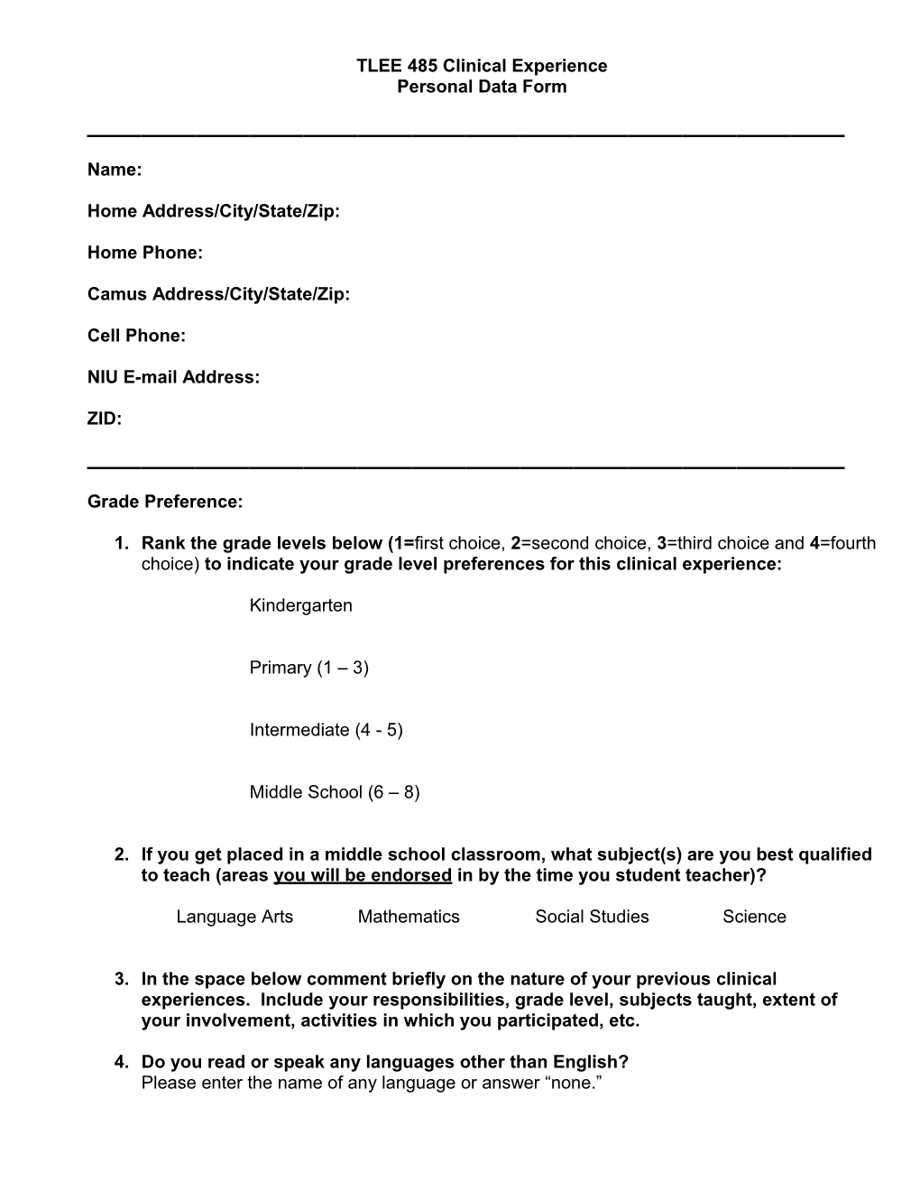 TLEE 485Clinical Experience