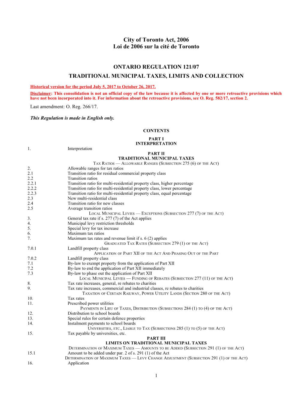 City of Toronto Act, 2006 - O. Reg. 121/07