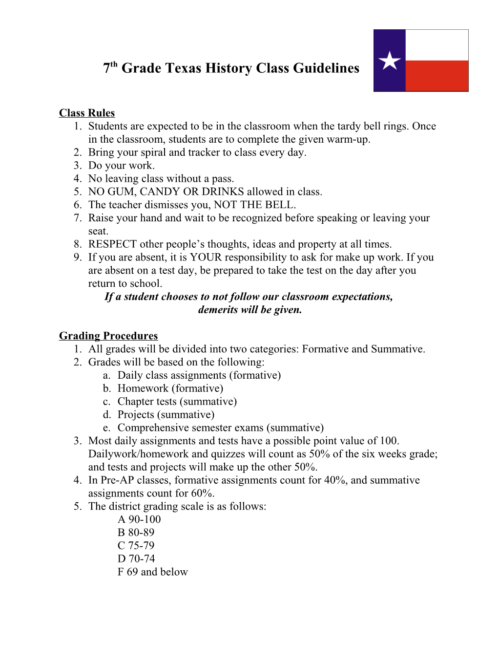 7Th Grade Texas History Class Guidelines