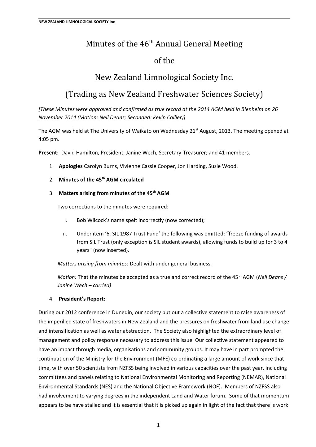 NEW ZEALAND LIMNOLOGICAL SOCIETY Inc