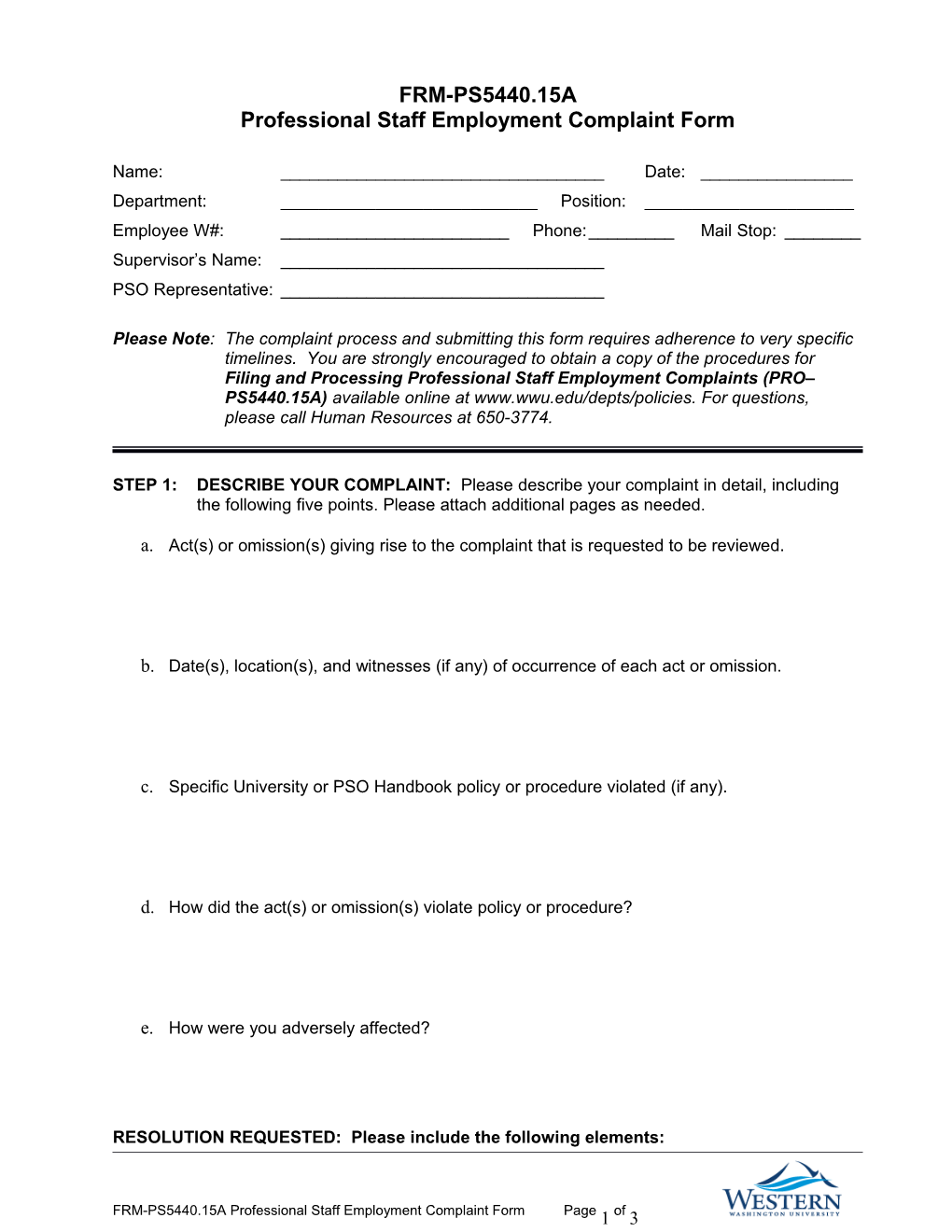 Professional Staff Complaint Form