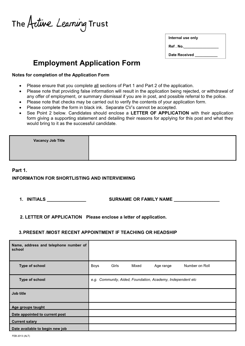 Notes for Completion of the Application Form