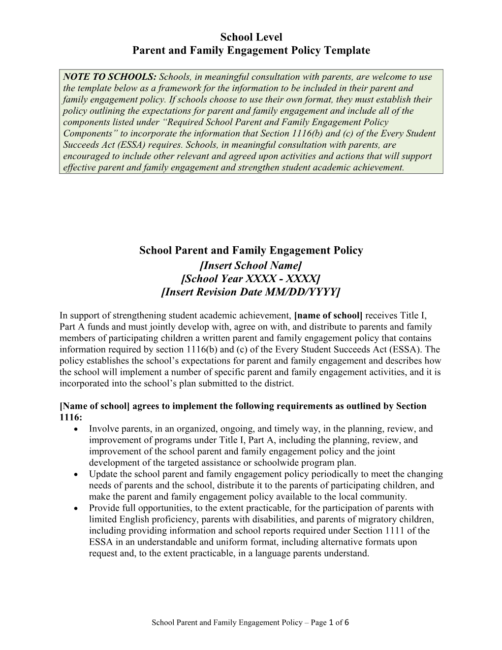 Parent and Family Engagement Policy Template