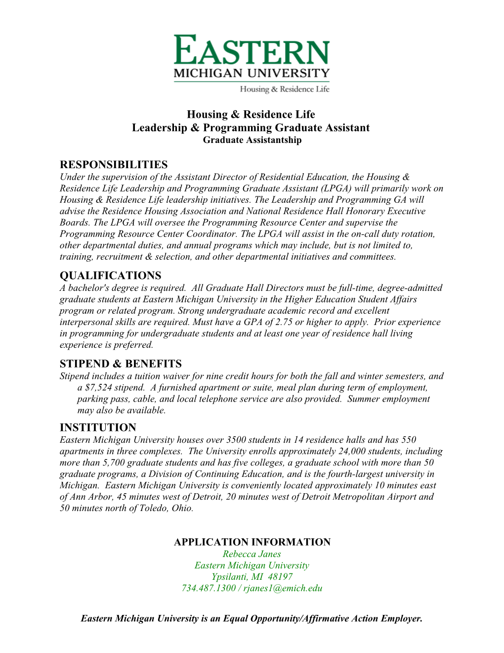 Assistant Hall Director (Graduate Assistantship)