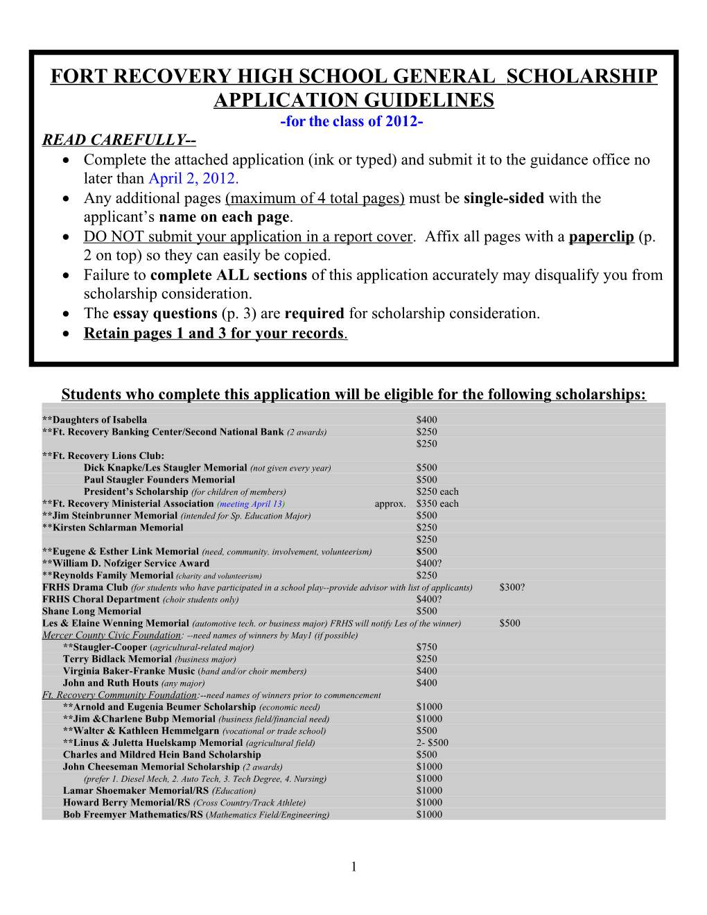 Fort Recovery High School General Scholarship Application