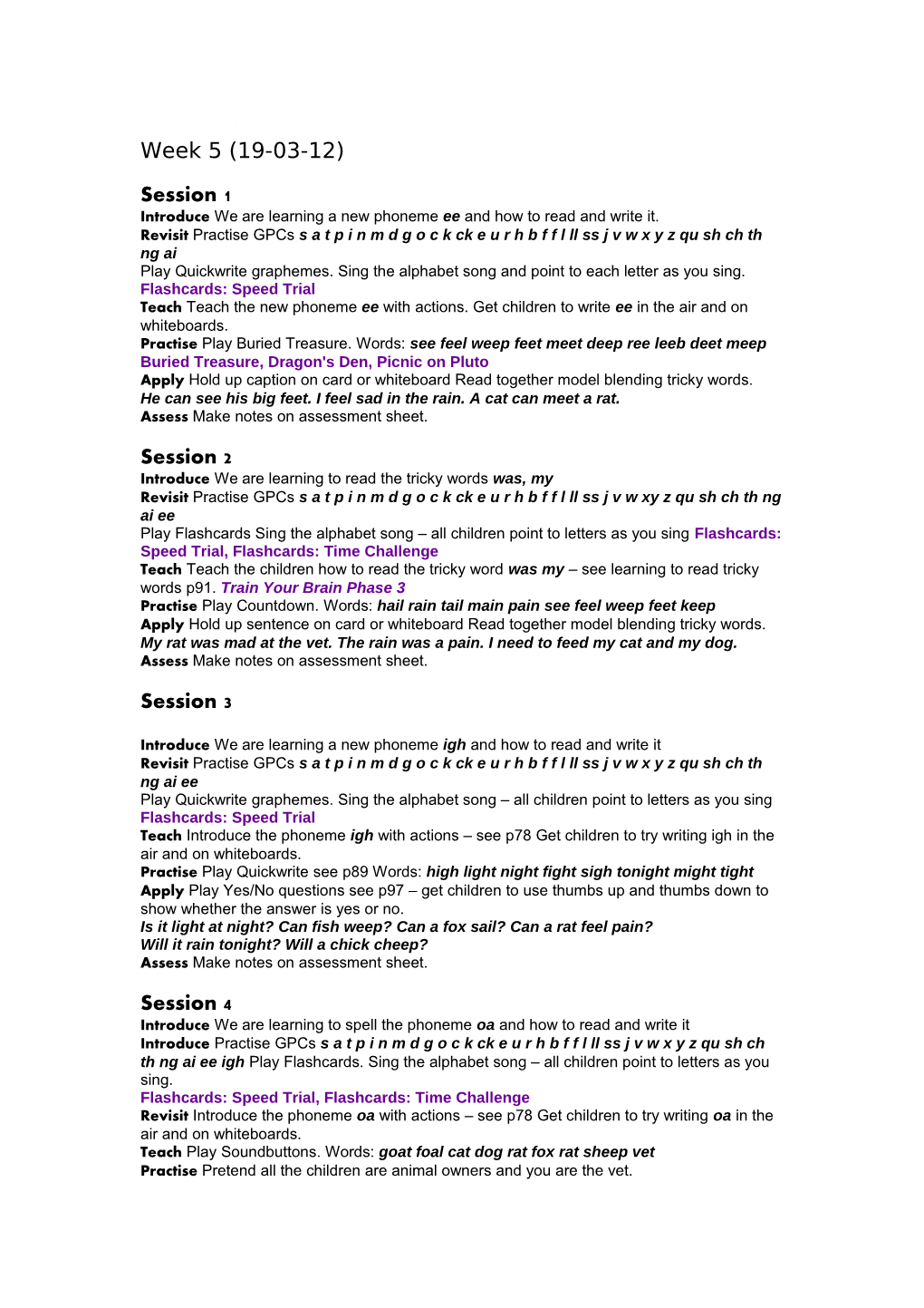 Phase 3 Daily Phonics Planning