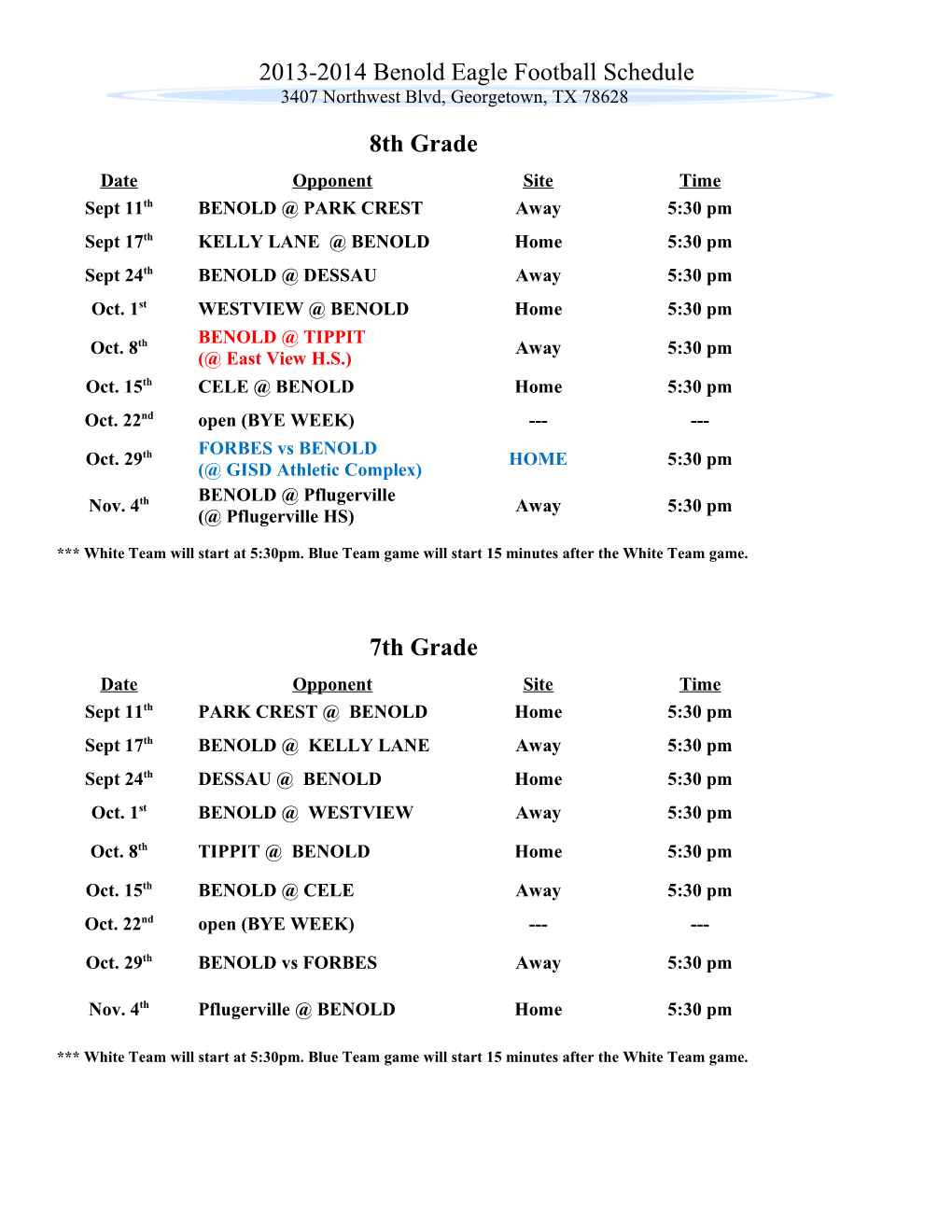 2013-2014 Benold Eagle Football Schedule