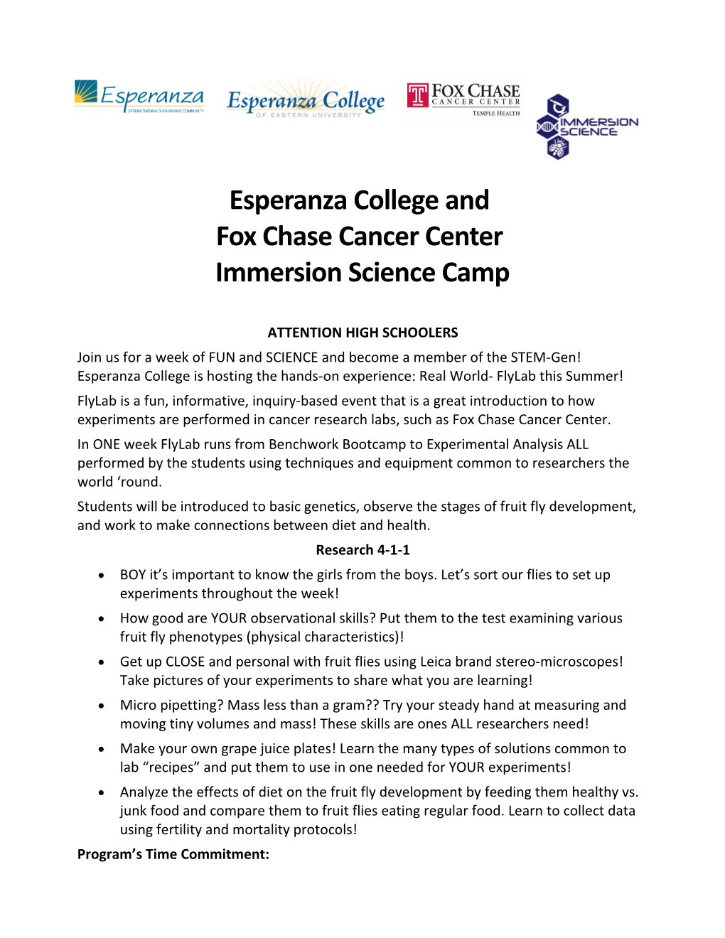 Esperanza College and Fox Chase Cancer Center Immersion Science Camp