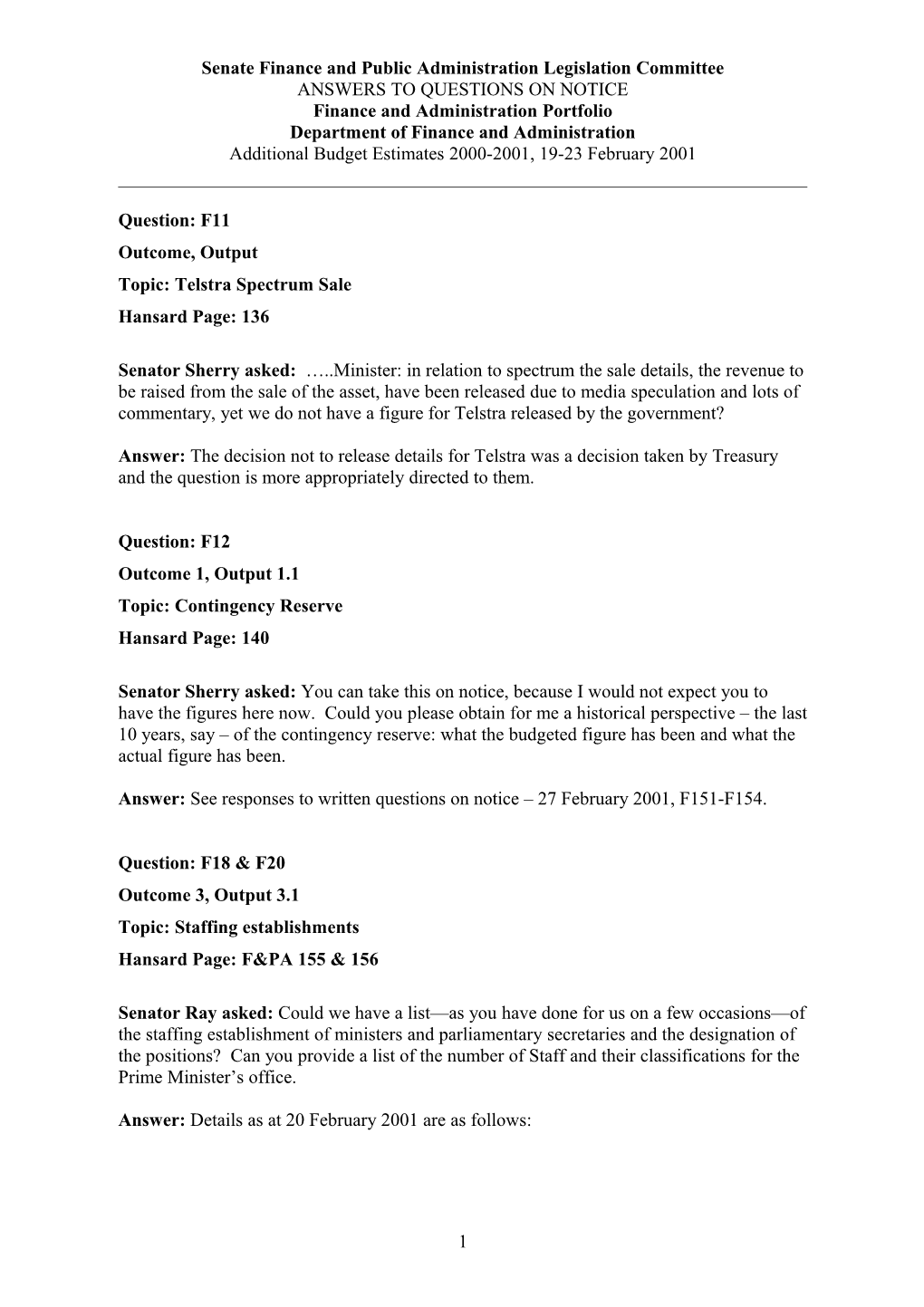 Estimates Report - Senate Finacne and Public Administration Standing Committee