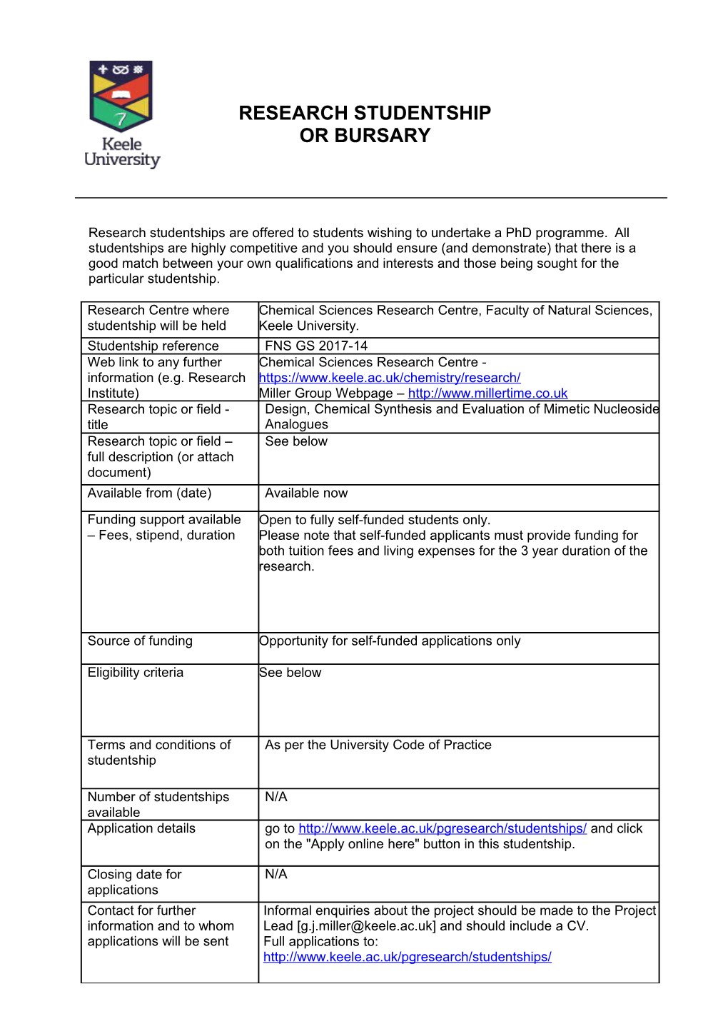 Example FGS Studentship Form