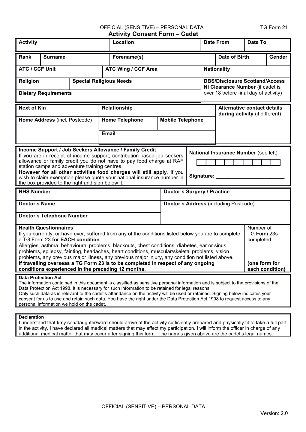 Cadet Activities Consent & Health Form