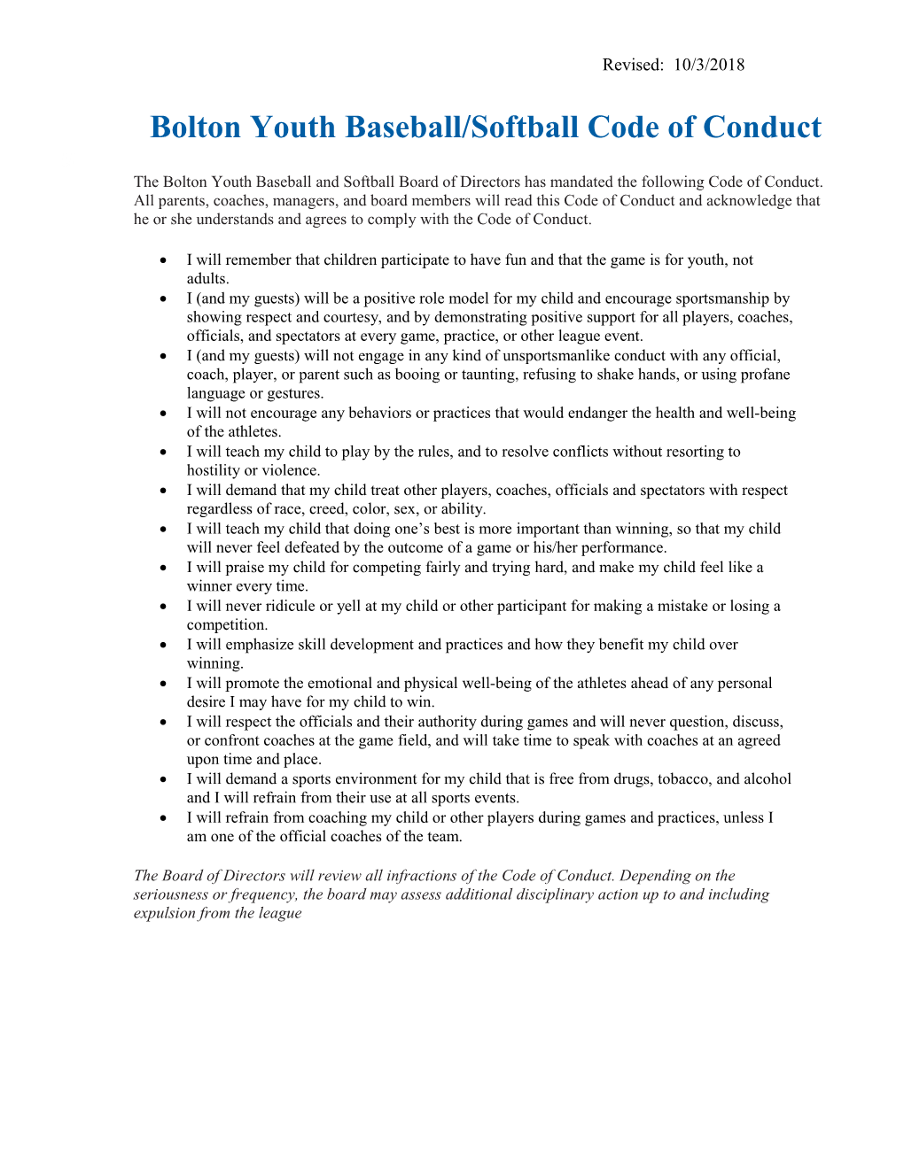 Bolton Youth Baseball/Softball Code Ofconduct